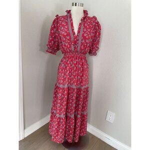 Max Studio Womens Medium Red Floral Maxi Tiered Dress Ruffle Trim Short Sleeve